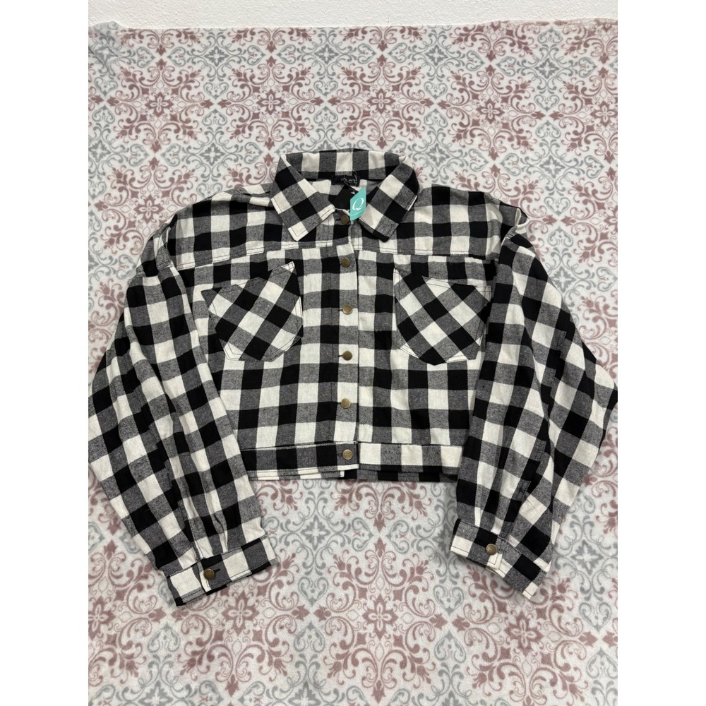 Talent Cropped Buffalo Plaid Shacket Black White Button Front Jacket 2XL NEW